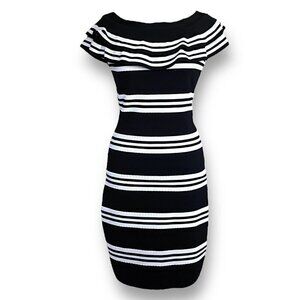 Frank Lyman Design Womens Sheath Dress Sz M Black White Stripe Stretch Knit